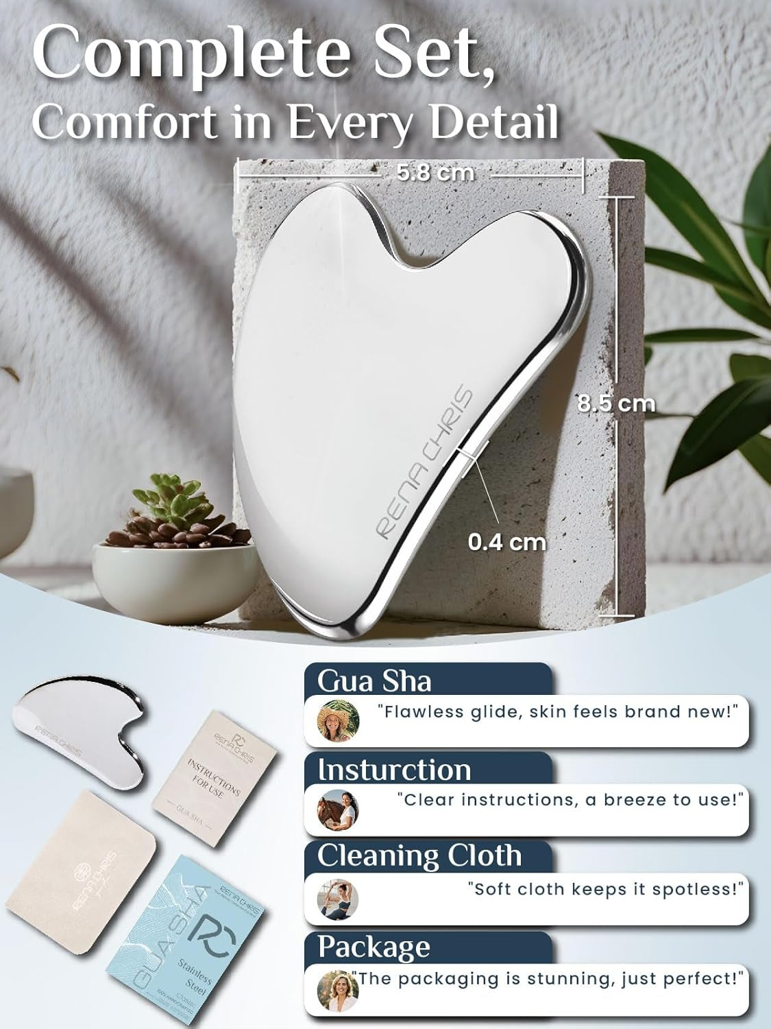 Gua Sha Facial Tools, Stainless Steel Guasha Tool - Silver | Face Massage Tool for Jawline Sculpting, Puffiness Reducing, Gua Sha Double Chin Reducer, Skin Care Gift for Women