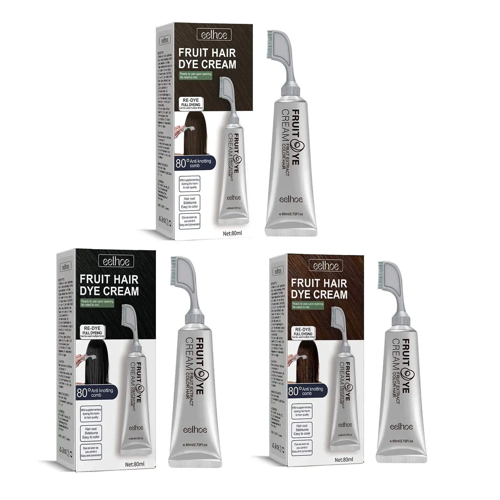 Natural Hair Dye Cream with Comb Long Lasting Cover White Gray Hair Cream Fruit Dye Permanent Color Cream 80Ml