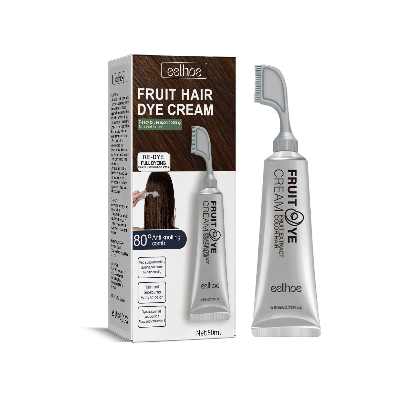 Natural Hair Dye Cream with Comb Long Lasting Cover White Gray Hair Cream Fruit Dye Permanent Color Cream 80Ml