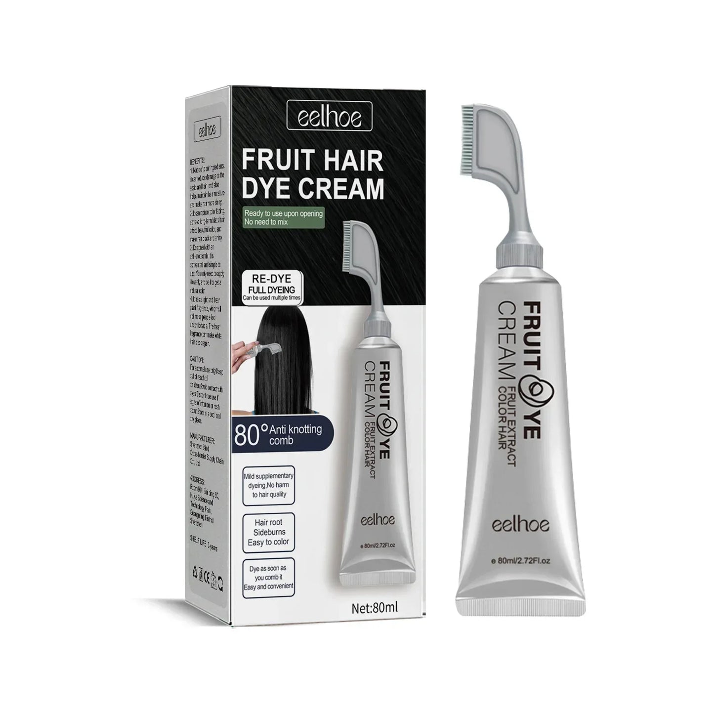 Natural Hair Dye Cream with Comb Long Lasting Cover White Gray Hair Cream Fruit Dye Permanent Color Cream 80Ml
